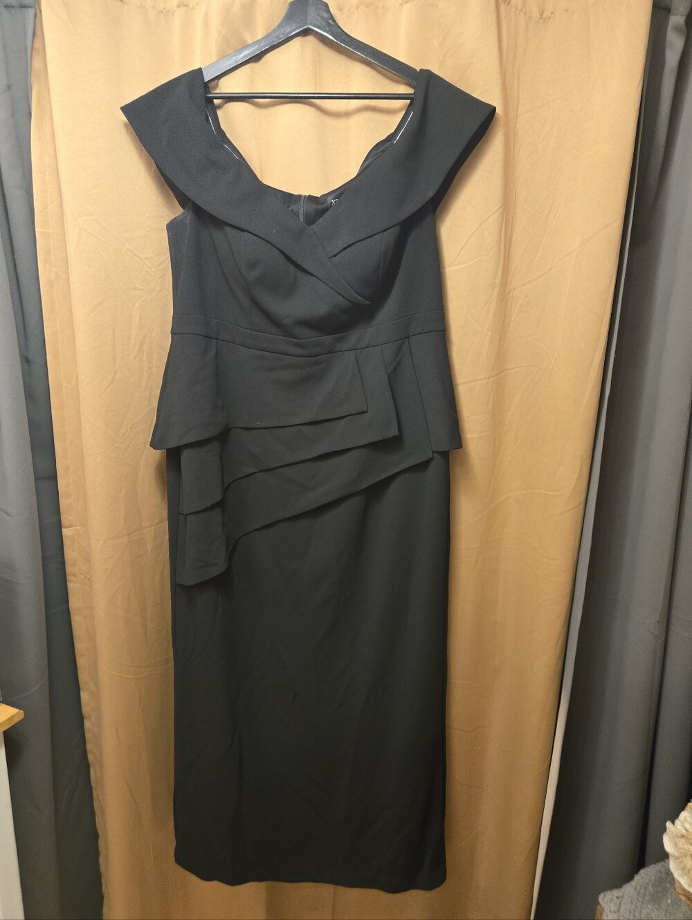 Xscape Black XSCAPE LONG SCUBA CREPE OFF THE SHOULDER DRESS 18w